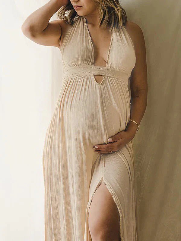 Solid Color Cut Out V-neck Side Slit Backless Tassel Halter Neck Vacation Photoshoot Maternity Maxi Dress for Maternity