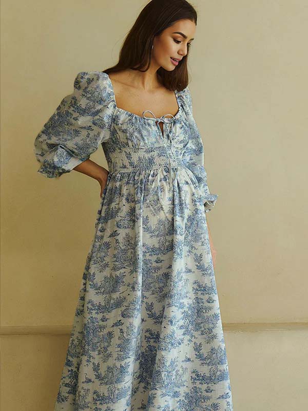 Floral Smocked Lace-up Off Shoulder A-line Maternity Maxi Dress for Maternity