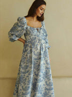 Floral Smocked Lace-up Off Shoulder A-line Maternity Maxi Dress for Maternity
