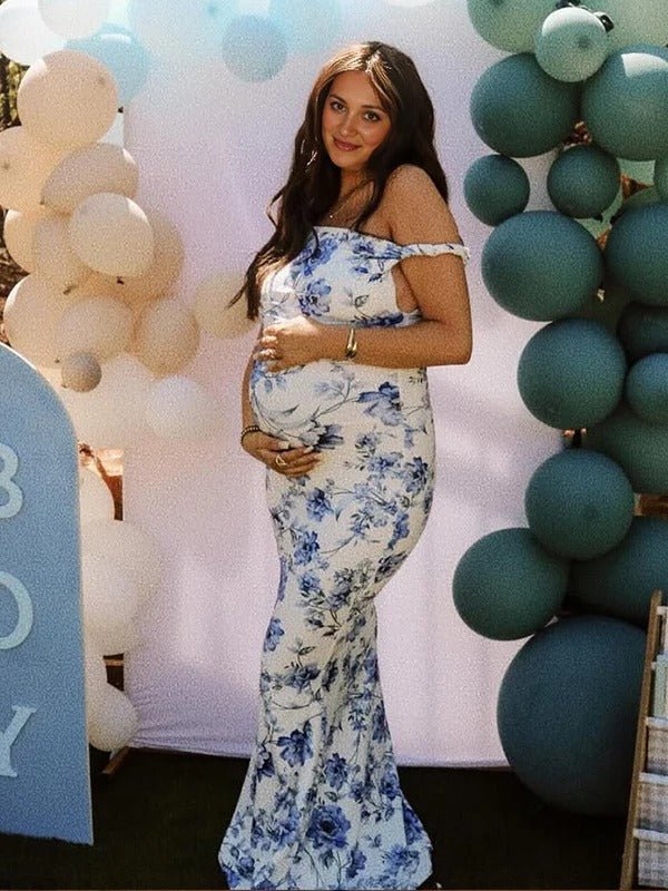 Blue Floral Off Shoulder Mermaid Maternity Baby Shower Maxi Dress for Maternity