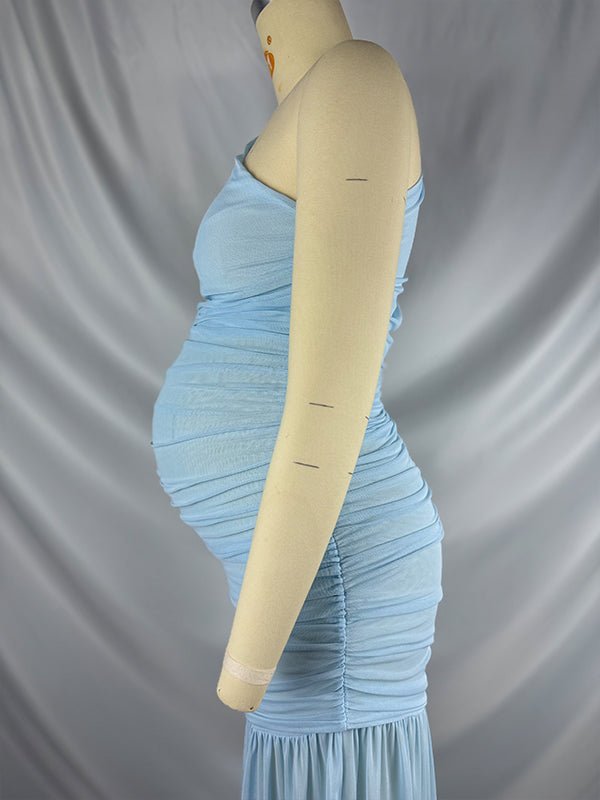 One Shoulder Mesh Ruched Mermaid Evening Gown Maternity Maxi Dress for Maternity