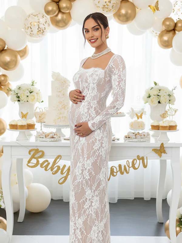 Lace Ruffle Back Slit Square Neck Bodycon Maternity Maxi Dress for Maternity