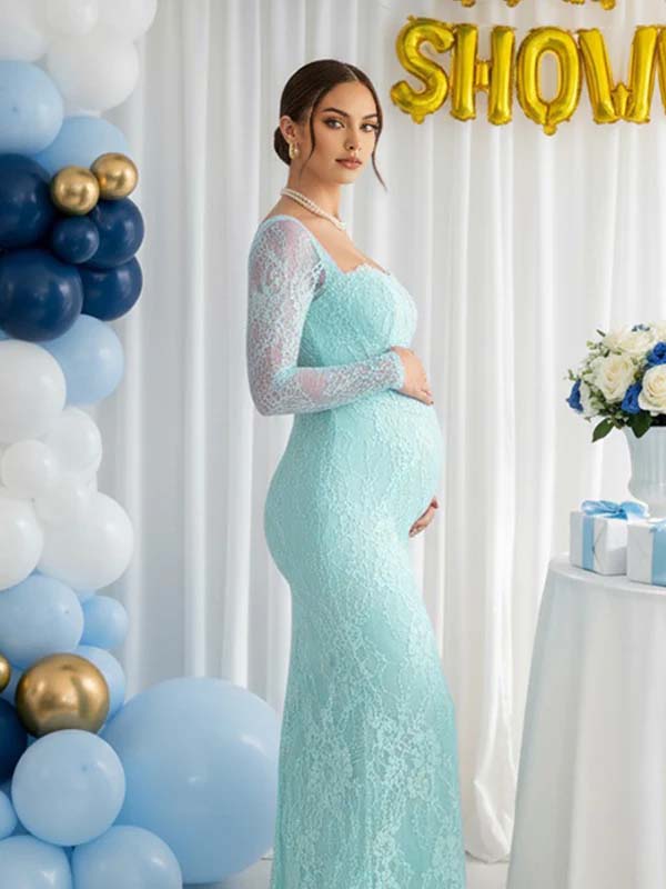 Lace Ruffle Back Slit Square Neck Bodycon Maternity Maxi Dress for Maternity