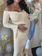 Beige Off Shoulder Ruffle Falbala Ruched Slit Mermaid Elegant Maternity Baby Shower Maxi Dress for Maternity