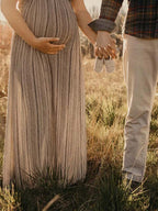Beige Halter Neck Lace-up Backless Maternity Photoshoot Maxi Dress for Maternity