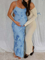 Blue Floral Tie Shoulder Strap Cami Bodycon Maternity Maxi Dress for Maternity