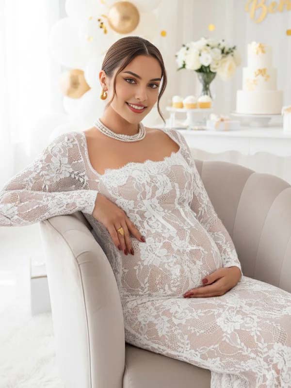 Lace Ruffle Back Slit Square Neck Bodycon Maternity Maxi Dress for Maternity