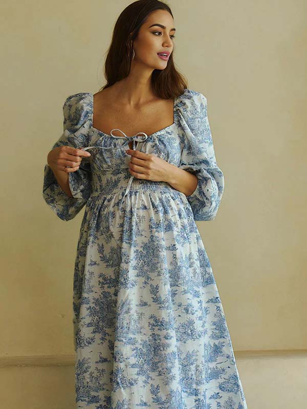 Floral Smocked Lace-up Off Shoulder A-line Maternity Maxi Dress for Maternity