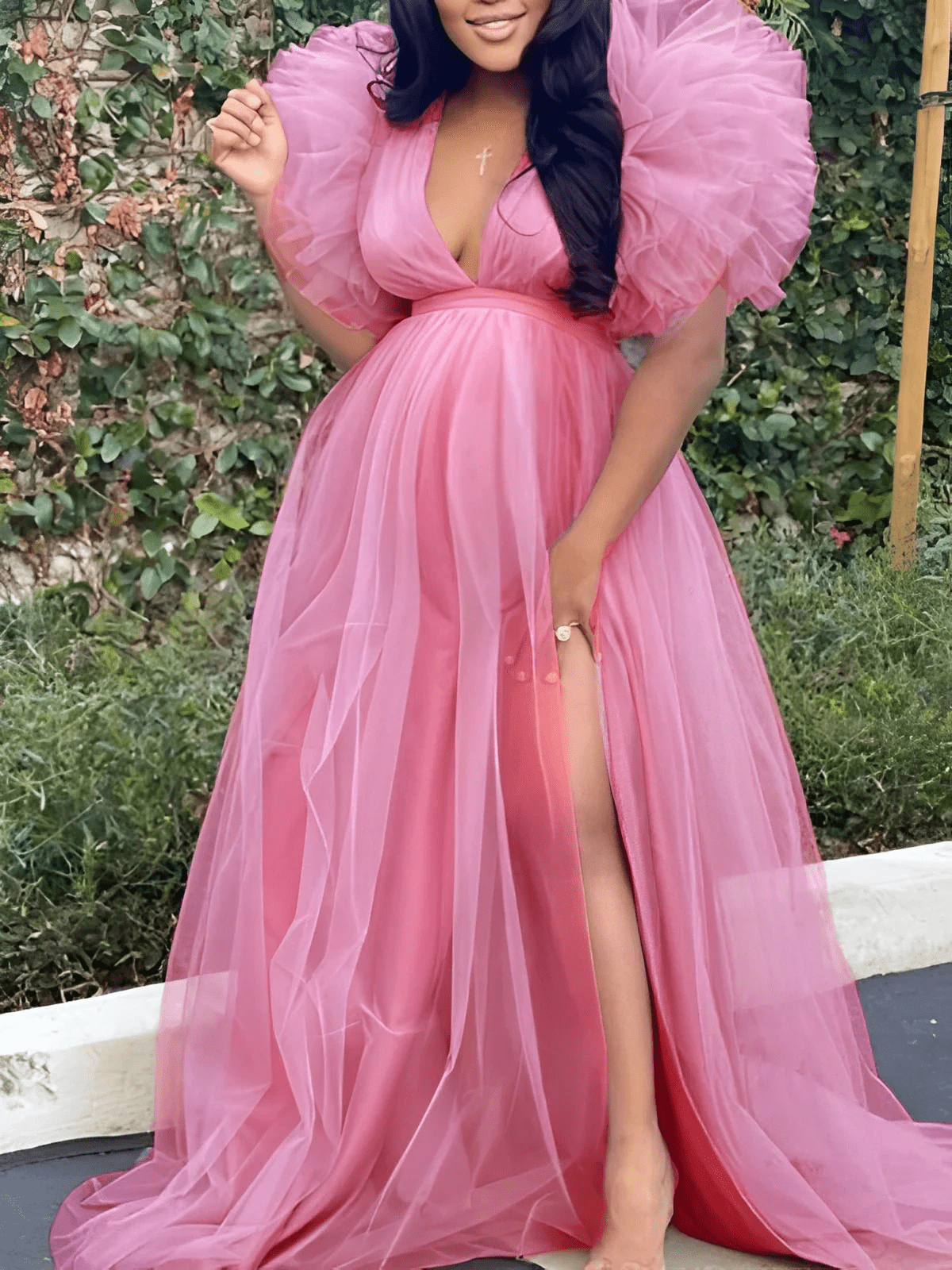 Pink Tulle Ruffle Swing V-neck Slit Photoshoot Plus Size Gown Maternity Maxi Dress for Maternity