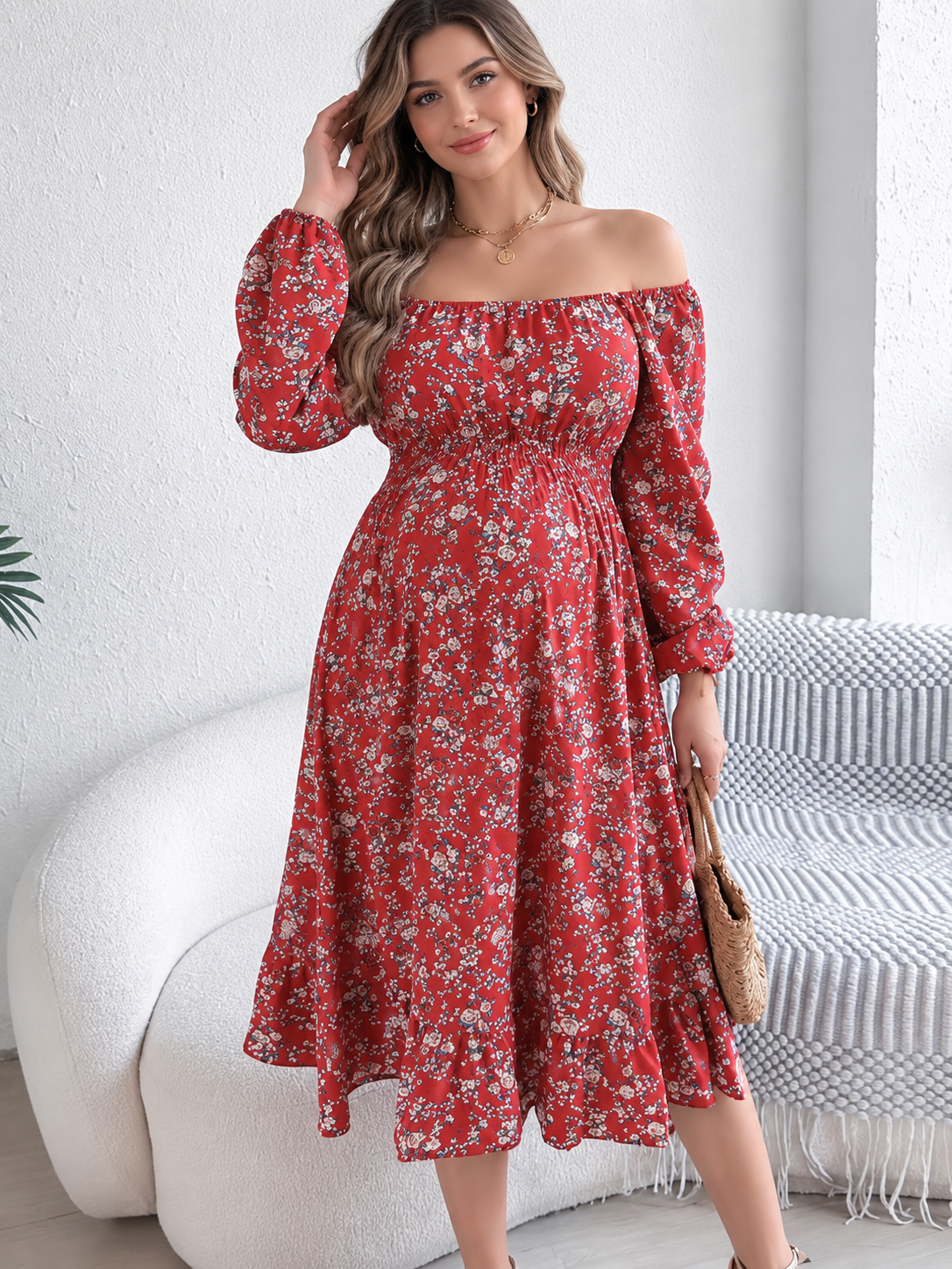Floral Square Neck Maternity Midi Dress - Momymoments