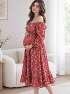 Floral Square Neck Maternity Midi Dress - Momymoments