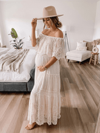 White Off Shoulder Lace Tiered Boat Neck Flowy Elegant Western Maternity Photoshoot Maxi Dress for Maternity