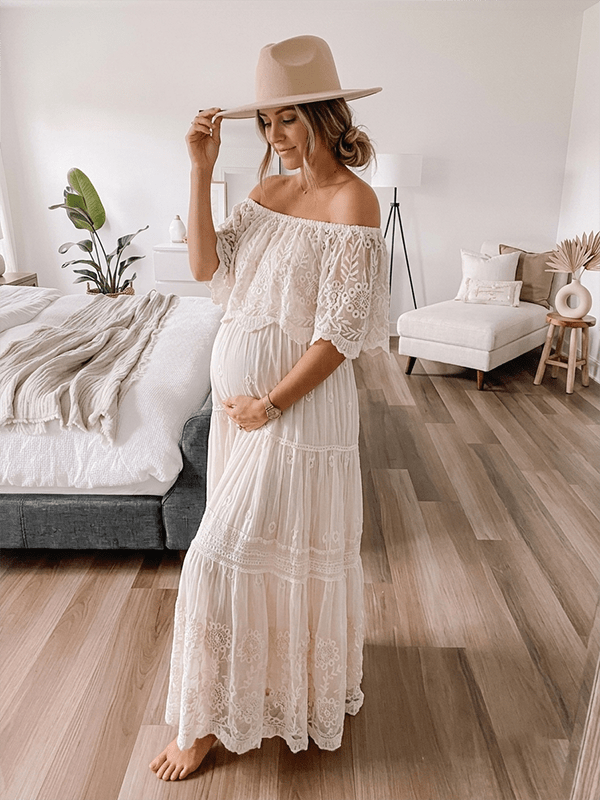 White Off Shoulder Lace Tiered Boat Neck Flowy Elegant Western Maternity Photoshoot Maxi Dress for Maternity