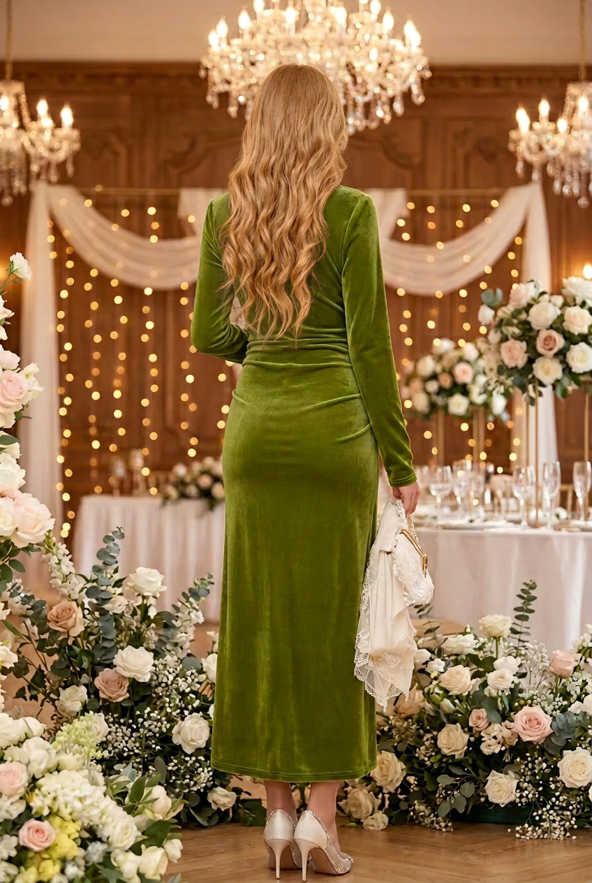 Golden Velvet Long Sleeve Maternity Dress - Green - Momymoments