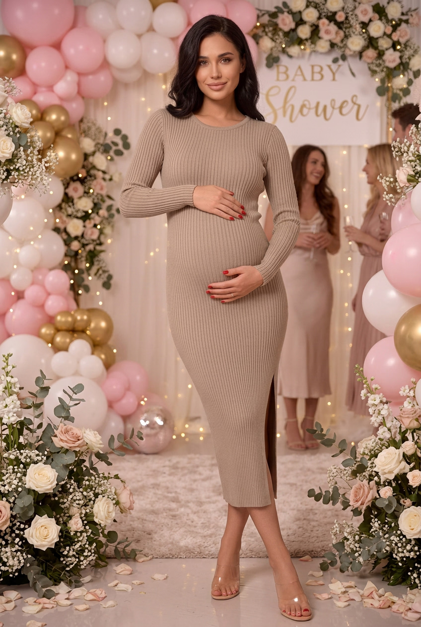 Long Sleeve Maternity Knit Dress - Casual & Formal Fall/Winter Bodycon Midi Dress