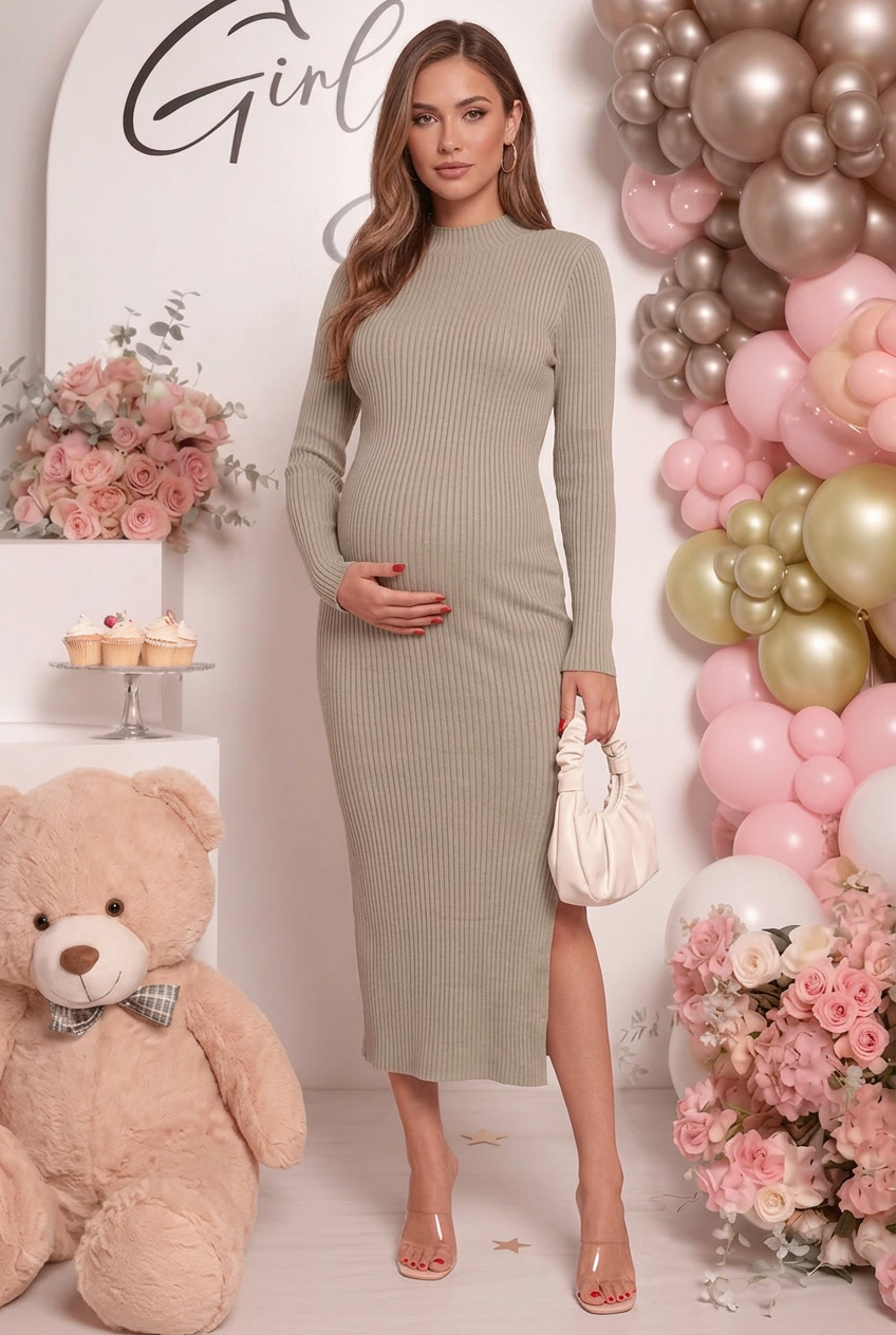 Long Sleeve Maternity Knit Dress - Casual & Formal Fall/Winter Bodycon Midi Dress