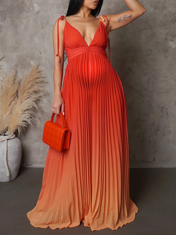 Belly Friendly Spaghetti Strap Pleated Gradient Color Gender Reveal Maternity Maxi Dress for Maternity
