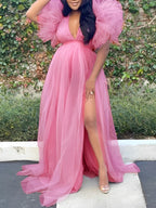 Pink Tulle Ruffle Swing V-neck Slit Photoshoot Plus Size Gown Maternity Maxi Dress for Maternity