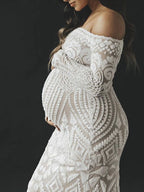 White Lace Sequin Off Shoulder Mermaid Bodycon Wedding Gown Baby Shower Elegant Foamal Maternity Photoshoot Maxi Dress for Maternity