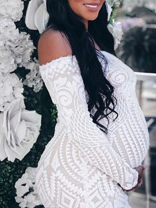 White Lace Sequin Off Shoulder Mermaid Bodycon Wedding Gown Baby Shower Elegant Foamal Maternity Photoshoot Maxi Dress for Maternity