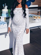 White Lace Sequin Off Shoulder Mermaid Bodycon Wedding Gown Baby Shower Elegant Foamal Maternity Photoshoot Maxi Dress for Maternity