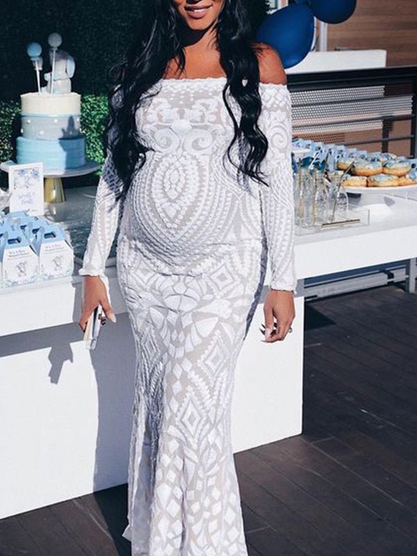 White Lace Sequin Off Shoulder Mermaid Bodycon Wedding Gown Baby Shower Elegant Foamal Maternity Photoshoot Maxi Dress for Maternity