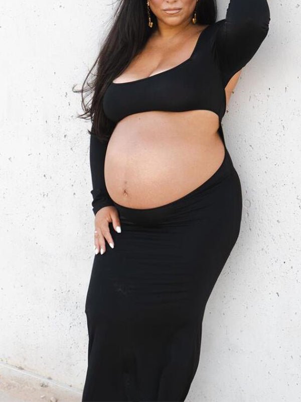 Black Cut Out Mermaid Crop Long Sleeve Backless Bodycon Cocktail Club Party Photoshoot Maternity Maxi Dress for Maternity