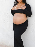 Black Cut Out Mermaid Crop Long Sleeve Backless Bodycon Cocktail Club Party Photoshoot Maternity Maxi Dress for Maternity