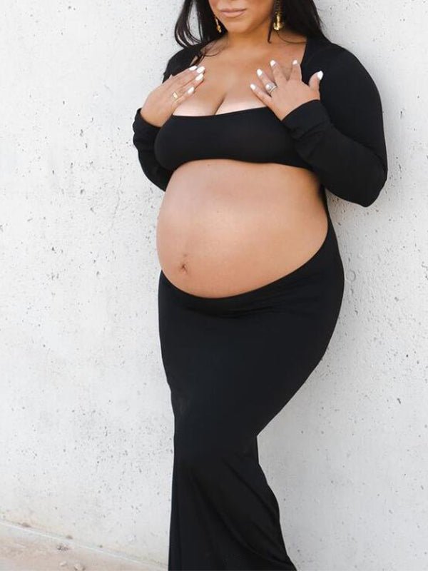 Black Cut Out Mermaid Crop Long Sleeve Backless Bodycon Cocktail Club Party Photoshoot Maternity Maxi Dress for Maternity