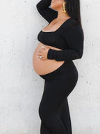 Black Cut Out Mermaid Crop Long Sleeve Backless Bodycon Cocktail Club Party Photoshoot Maternity Maxi Dress for Maternity