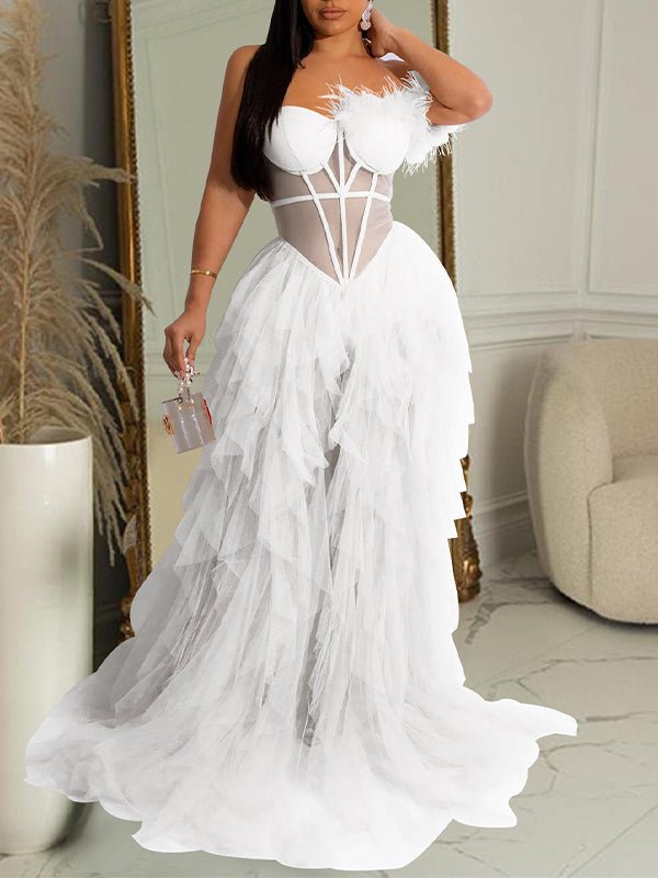 Bandeau Off Shoulder Feather Tulle Tutu Grenadine Photoshoot Maternity Maxi Dress for Maternity