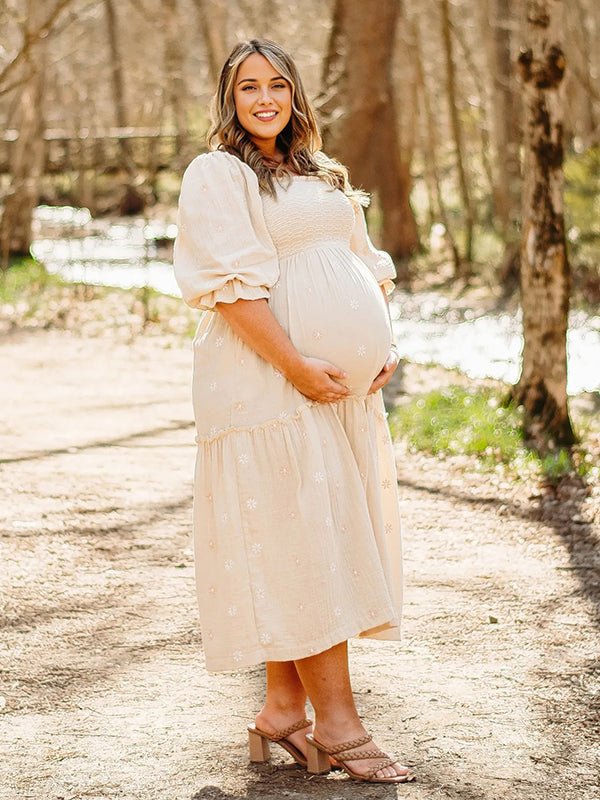 Apricot Daisy Print Smocked Off Shoulder Maternity Photoshoot Maxi Dress for Maternity