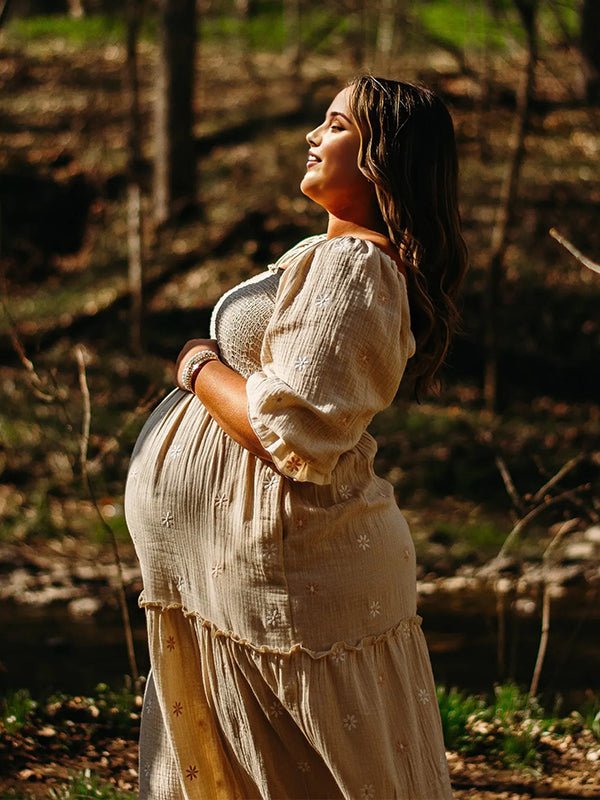 Apricot Daisy Print Smocked Off Shoulder Maternity Photoshoot Maxi Dress for Maternity