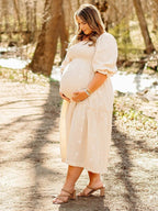 Apricot Daisy Print Smocked Off Shoulder Maternity Photoshoot Maxi Dress for Maternity