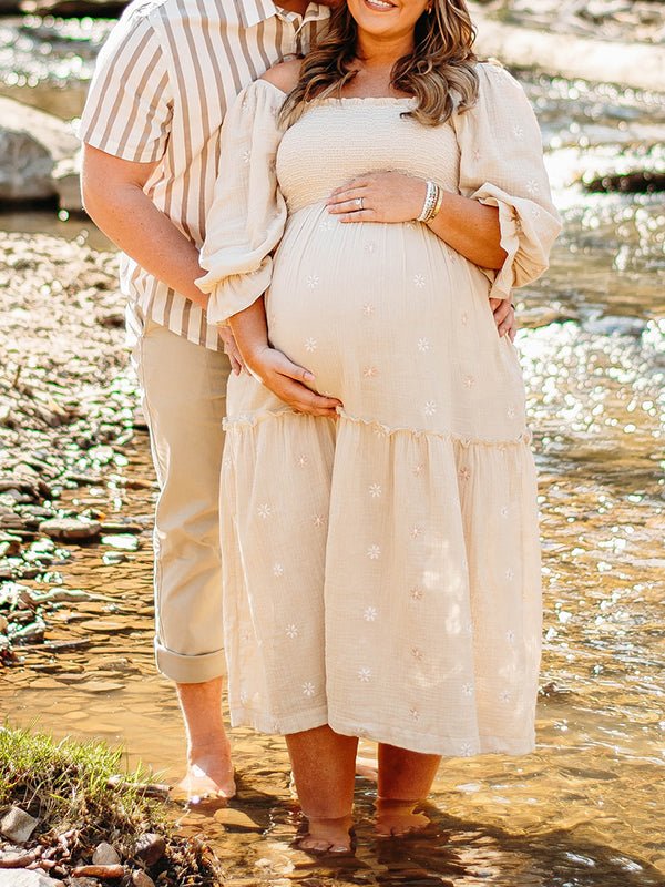 Apricot Daisy Print Smocked Off Shoulder Maternity Photoshoot Maxi Dress for Maternity