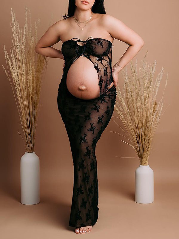 2 Piece Lace Tube Tie Ruffle Elegant Fashion Bodycon Vacation Photoshoot Baby Shower Maternity Maxi Dress for Maternity