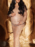 Sparkly Diamond Rhinestone Mesh Slit Long Sleeve Mermaid Sheer Maternity Photoshoot Elegant Baby Shower Party Maxi Dress for Maternity