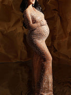 Sparkly Diamond Rhinestone Mesh Slit Long Sleeve Mermaid Sheer Maternity Photoshoot Elegant Baby Shower Party Maxi Dress for Maternity