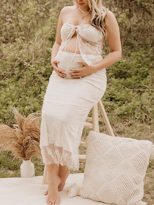 2 Piece Lace Tube Tie Ruffle Elegant Fashion Bodycon Vacation Photoshoot Baby Shower Maternity Maxi Dress for Maternity