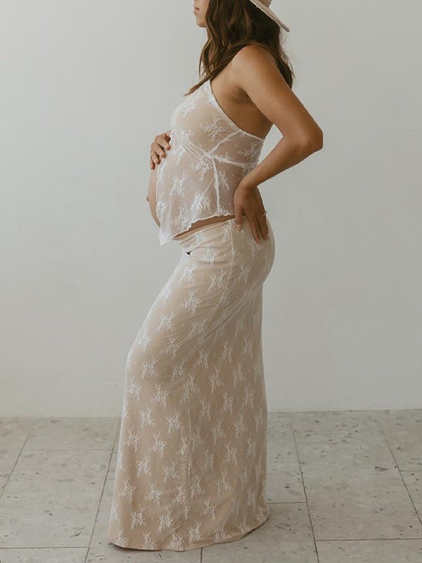 2 Piece Lace Tube Tie Ruffle Elegant Fashion Bodycon Vacation Photoshoot Baby Shower Maternity Maxi Dress for Maternity