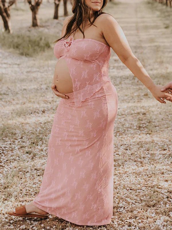 2 Piece Lace Tube Tie Ruffle Elegant Fashion Bodycon Vacation Photoshoot Baby Shower Maternity Maxi Dress for Maternity