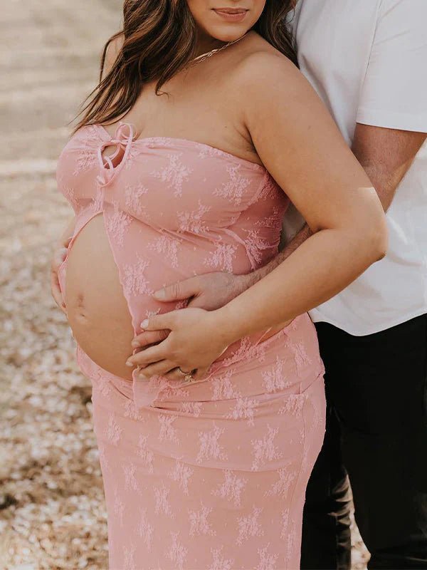 2 Piece Lace Tube Tie Ruffle Elegant Fashion Bodycon Vacation Photoshoot Baby Shower Maternity Maxi Dress for Maternity