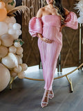 Pink Off Shoulder Bandeau Ribbed Pleated Bodycon Puff Sleeve Evening Gown Baby Shower Maternity Maxi Dress for Maternity