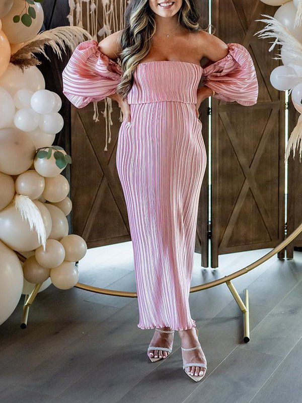 Pink Off Shoulder Bandeau Ribbed Pleated Bodycon Puff Sleeve Evening Gown Baby Shower Maternity Maxi Dress for Maternity