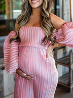 Pink Off Shoulder Bandeau Ribbed Pleated Bodycon Puff Sleeve Evening Gown Baby Shower Maternity Maxi Dress for Maternity