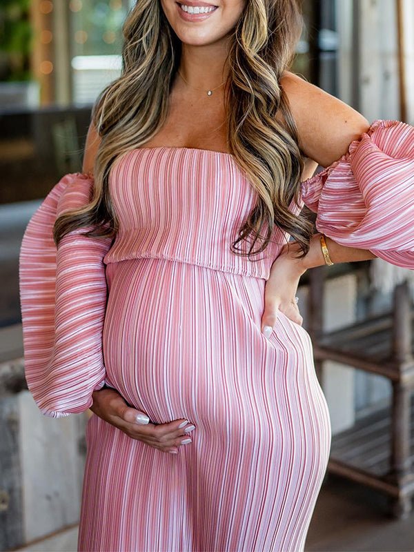 Pink Off Shoulder Bandeau Ribbed Pleated Bodycon Puff Sleeve Evening Gown Baby Shower Maternity Maxi Dress for Maternity
