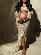 Ivory Sheer Ruffle Cut Out Crop Slit Falbala Deep V-neck Mermaid Elegant Maternity Photoshoot Maxi Dress for Maternity