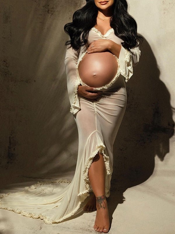 Ivory Sheer Ruffle Cut Out Crop Slit Falbala Deep V-neck Mermaid Elegant Maternity Photoshoot Maxi Dress for Maternity