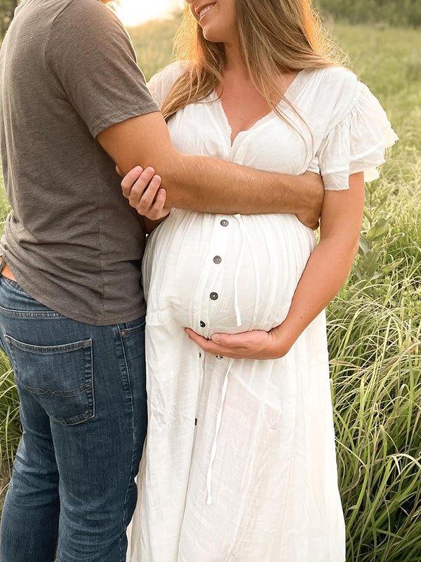 White Deep V Neck Button Down Boho Beach Bikini Cover Up Dress Party Photoshoot Maternity Dress for Maternity