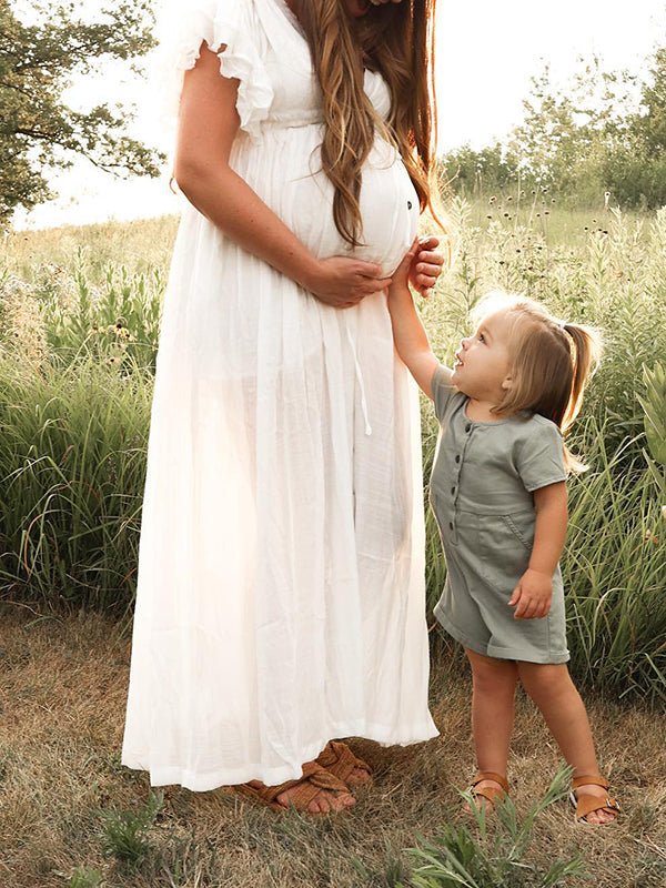 White Deep V Neck Button Down Boho Beach Bikini Cover Up Dress Party Photoshoot Maternity Dress for Maternity